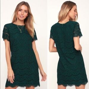 LULU’S Take Me To Brunch Dark Green Lace Scalloped Mini Dress Christmas Party